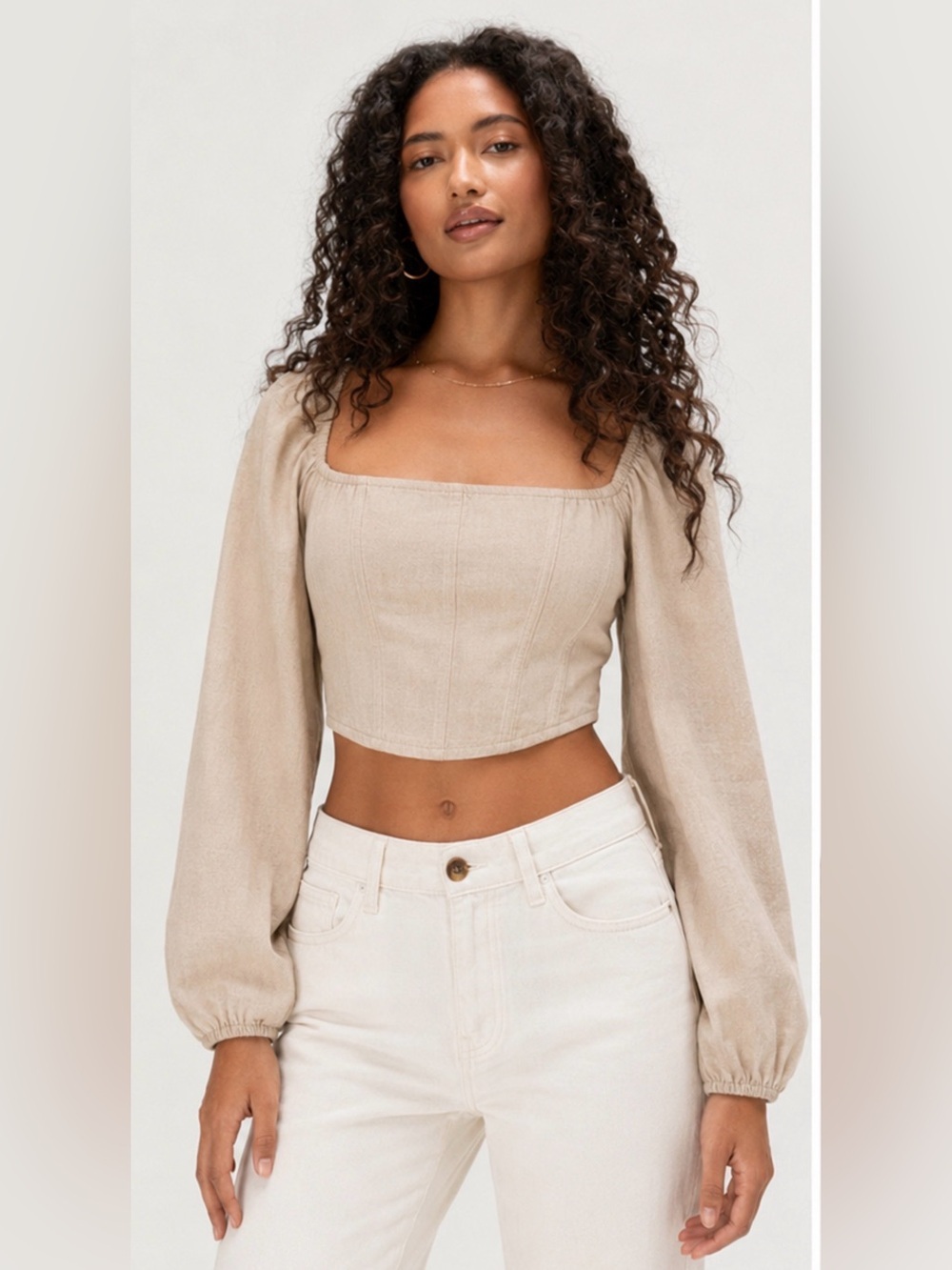 Kirious Los Angeles Linen Blend Puff Sleeve Crop Top | Beige | Size Large